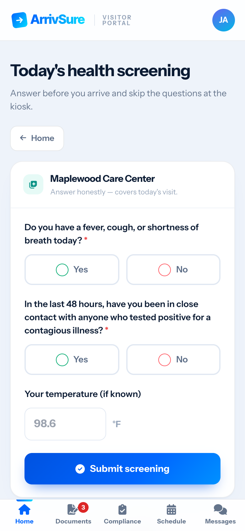 Pre-visit health screening on a visitor's phone through the ArrivSure portal