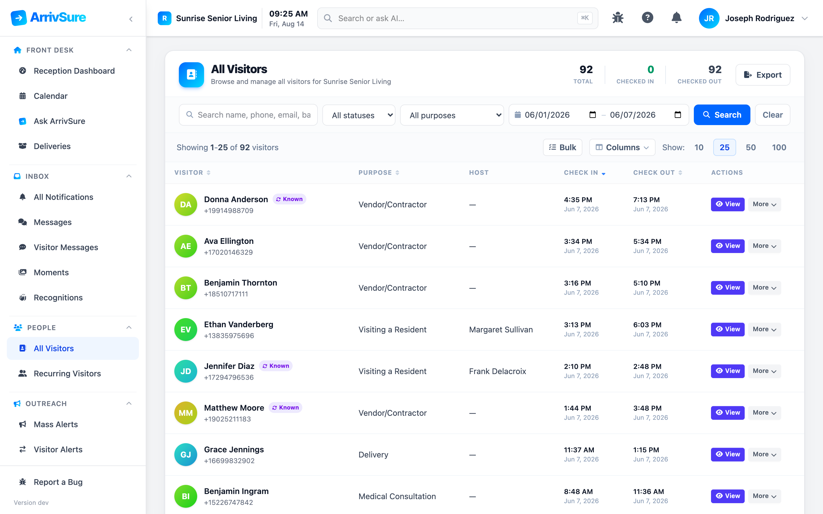 Searching the ArrivSure visit log by date range to build an exposure list